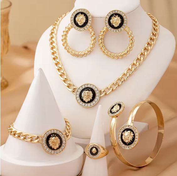 Lion Head Jewelry Set for Women – 5-Piece Gold Animal Design