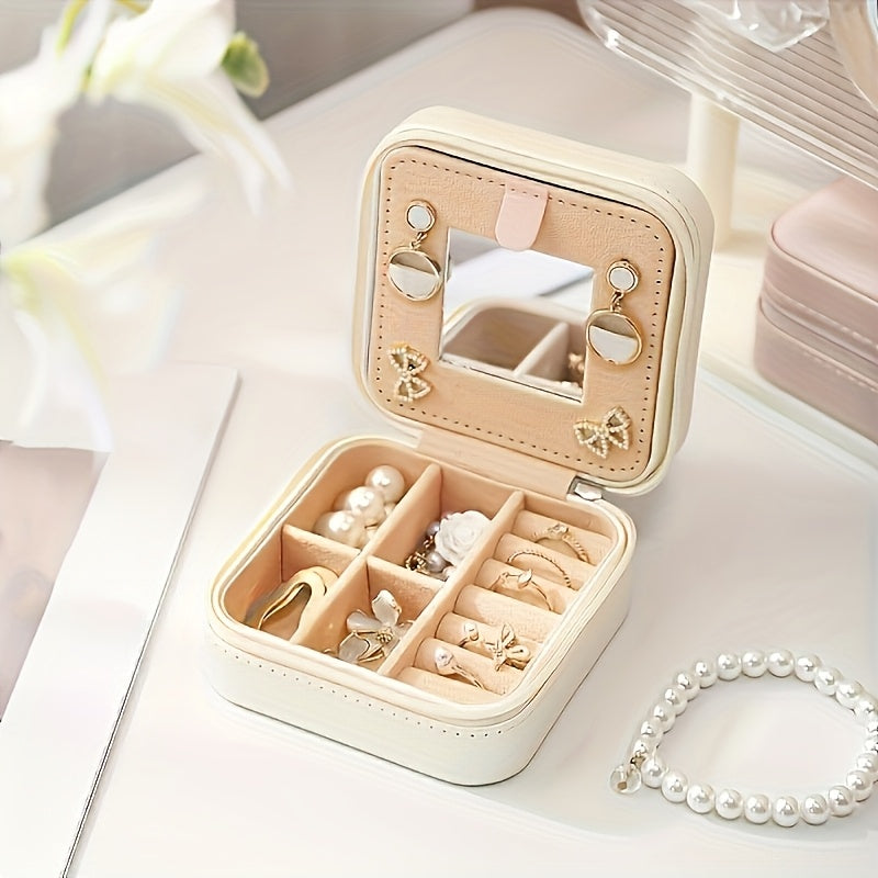 An elegant artificial leather jewelry storage box - Compact travel case, with a zipper closure, for neatly organizing scattered earrings and bracelets on the dormitory desk,