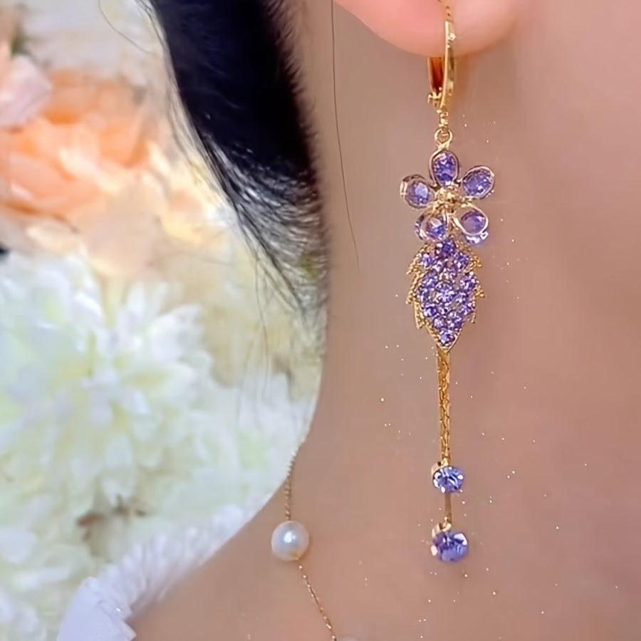 Purple Flower Leaf Tassel Earrings Women's Fashion Elegant Party Jewelry Gift
